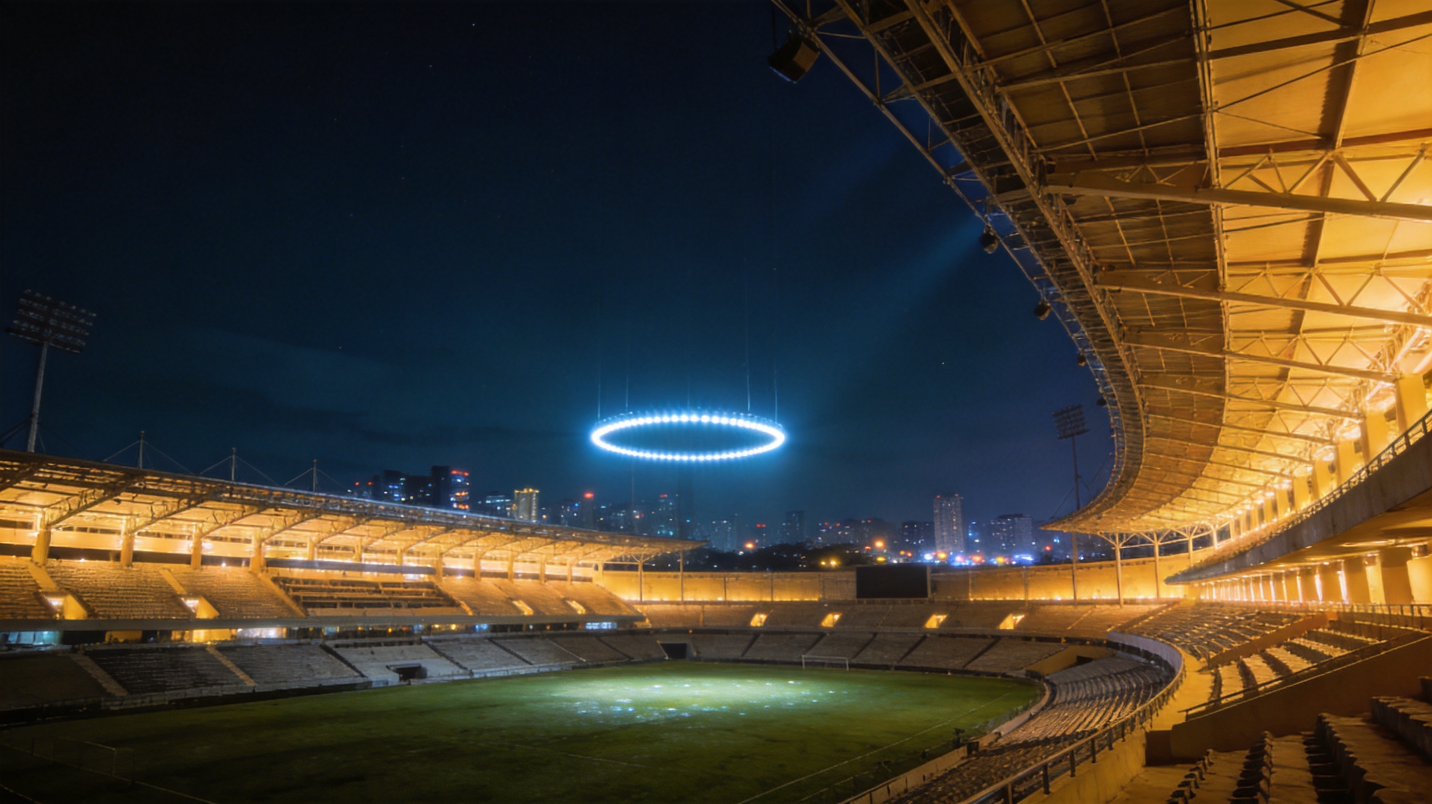夜间灯光下的体育场全景与看台，用于VSport体育首页首屏呈现赛事氛围